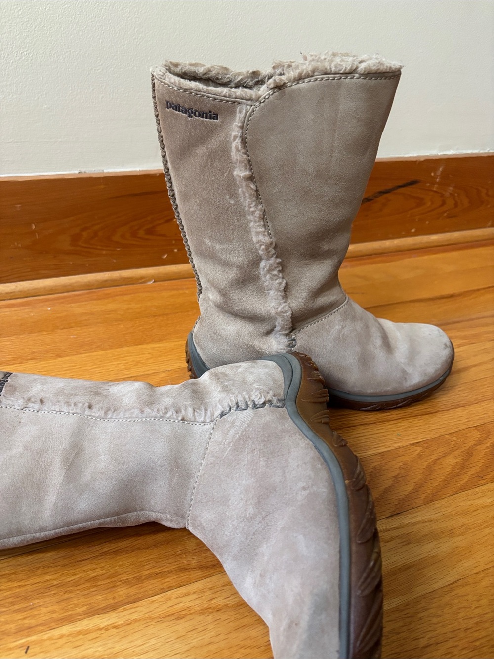 Patagonia Women’s Suede Shearling Mid-Calf Boots in Light Taupe